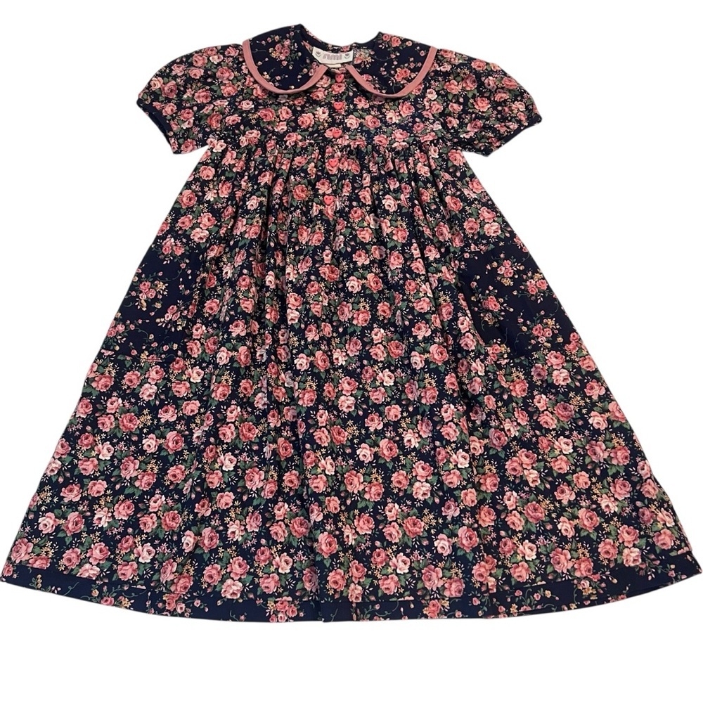 Vintage 90s Simi Floral Cotton Dress Size 6 Girls Long Sleeve Peter Pan Collar